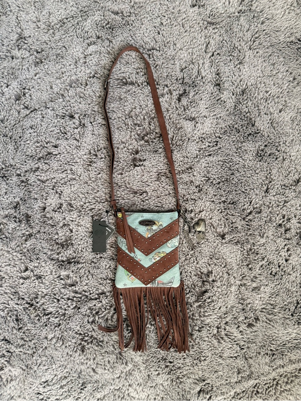 Ed Hardy Brown and Mint Floral Fringe Crossbody